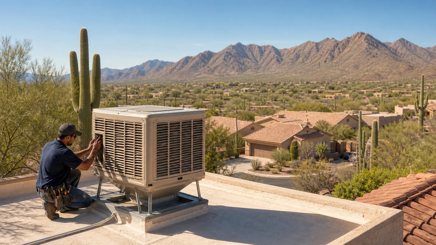 Technicians installing an evaporative cooler for dry-climate Arizona swamp cooler service