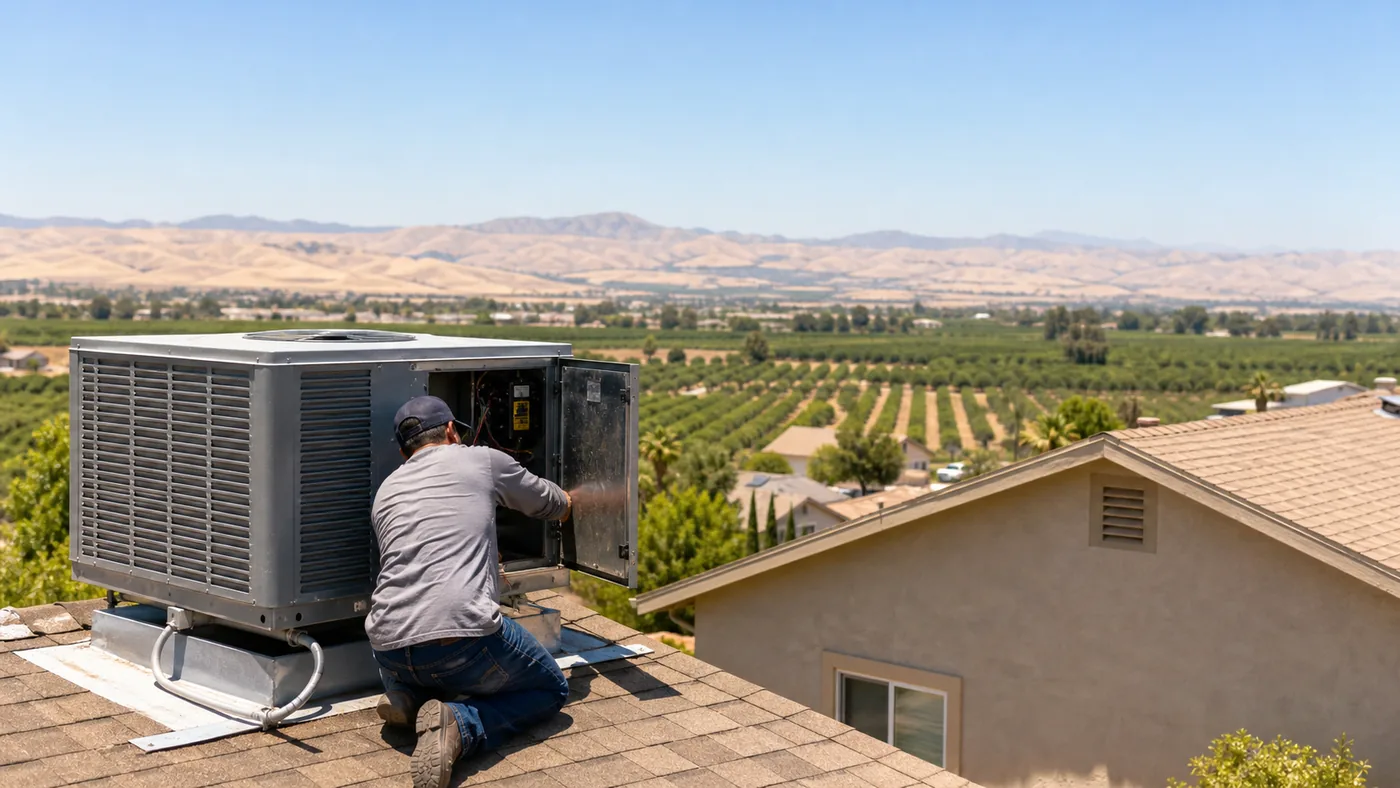 Technicians installing an evaporative cooler for dry-climate California swamp cooler service