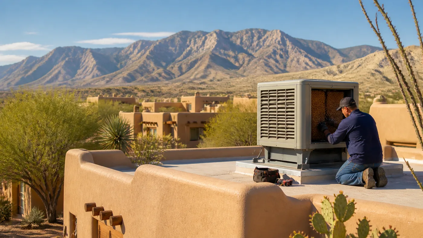Technicians installing an evaporative cooler for dry-climate New Mexico swamp cooler service