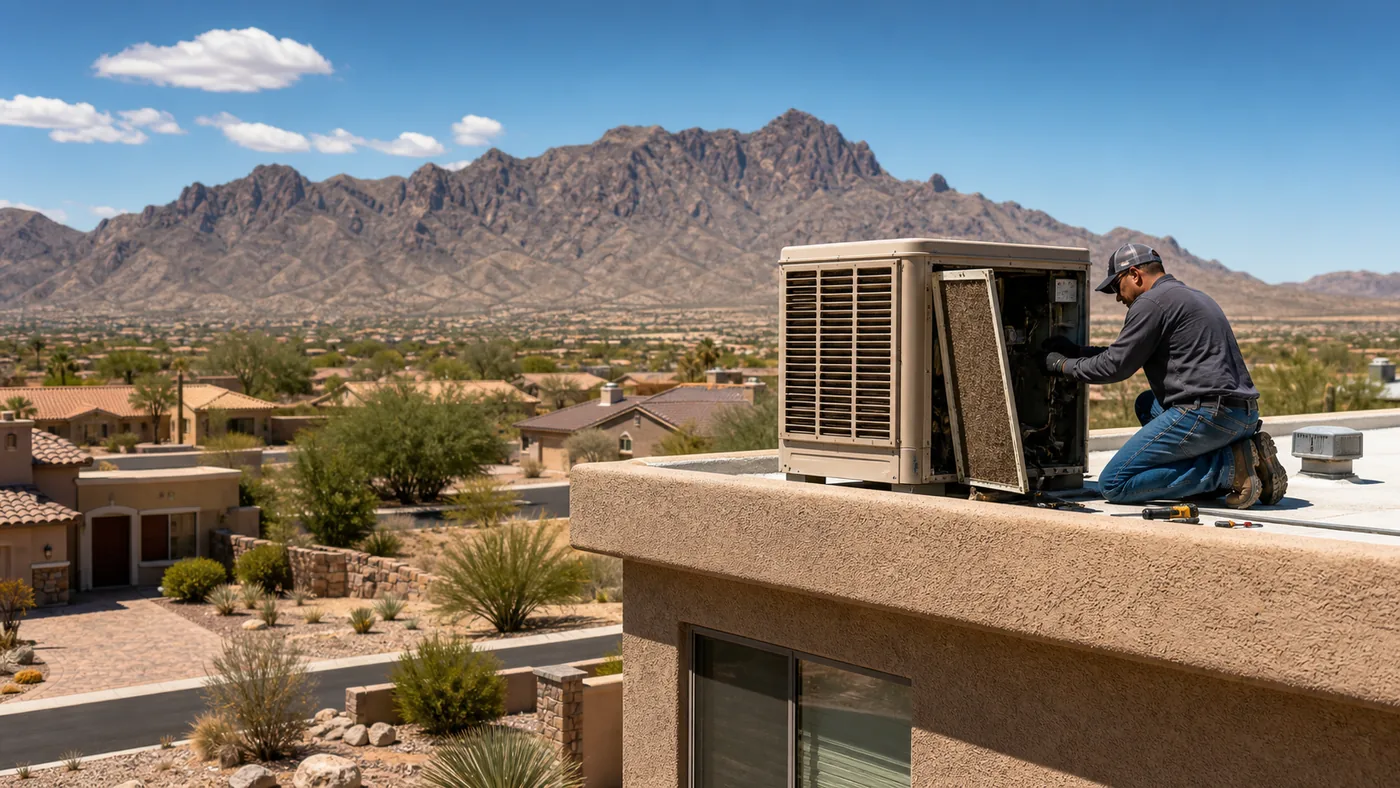 Technicians installing an evaporative cooler for dry-climate Texas swamp cooler service