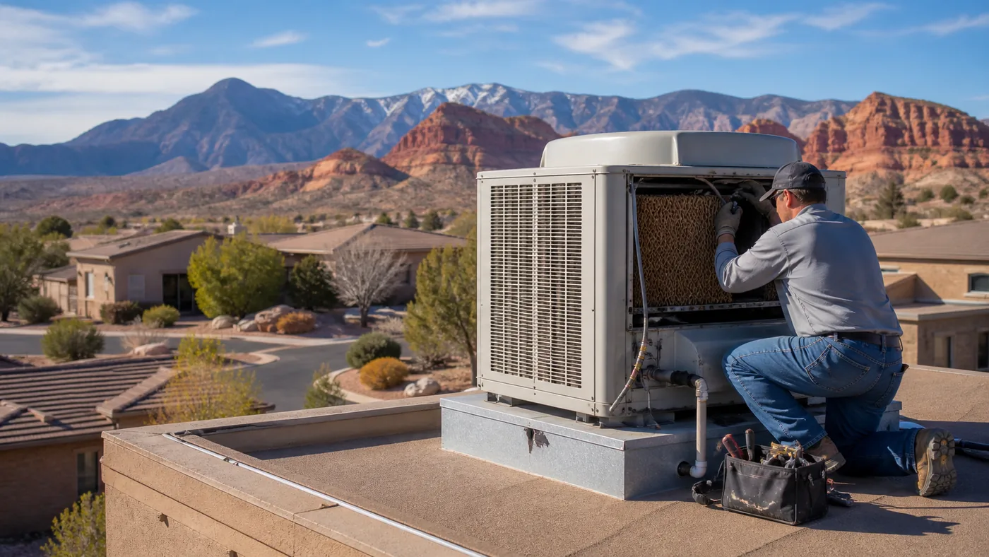 Technicians installing an evaporative cooler for dry-climate Utah swamp cooler service