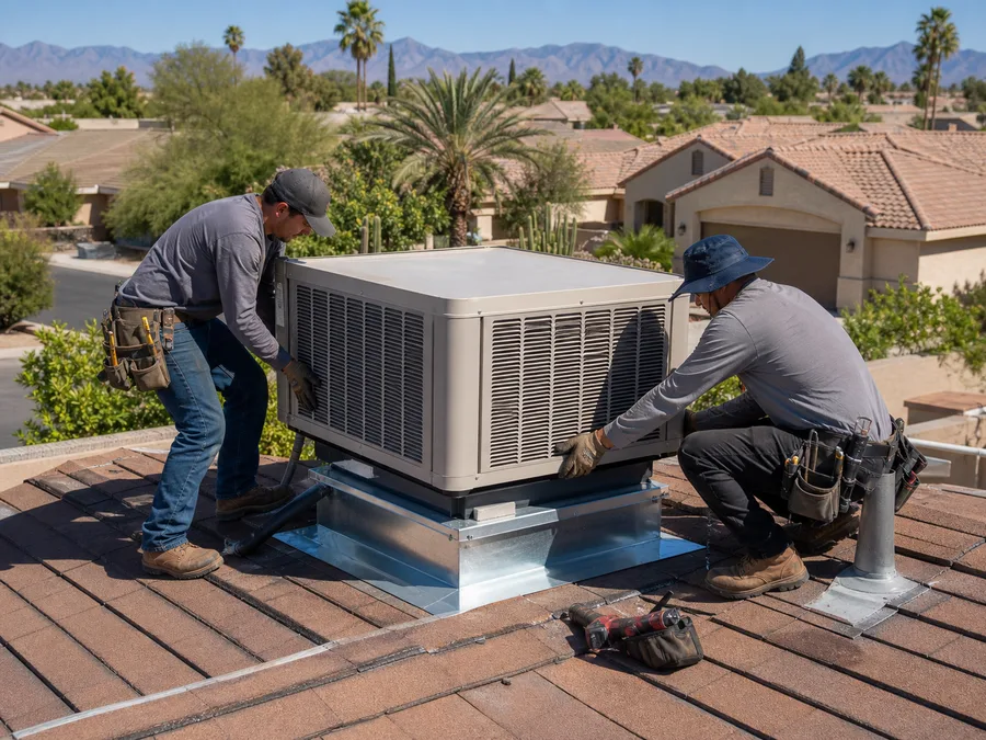 Two technicians installing a new rooftop evaporative cooler on a Southwest home