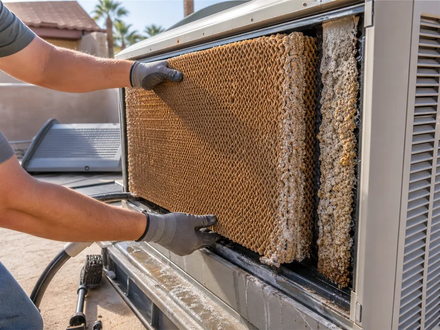 Gloved hands replacing worn swamp cooler pads with mineral buildup